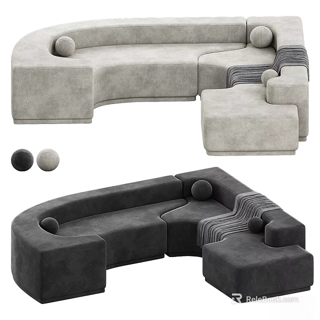 Modern Modular Sectional Sofa With Light Dark Gray Velvet Upholstery Round Cushions And Ottoman 3d model 