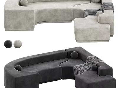 Modern Modular Sectional Sofa With Light Dark Gray Velvet Upholstery Round Cushions And Ottoman 3d model