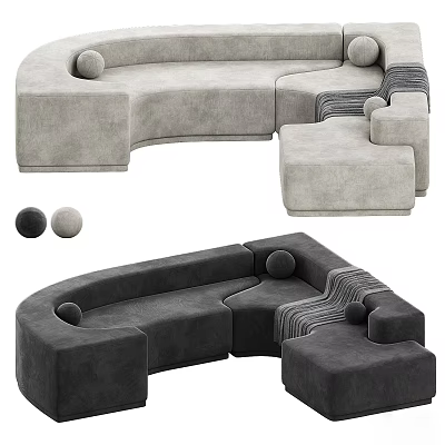 Modern Modular Sectional Sofa With Light Dark Gray Velvet Upholstery Round Cushions And Ottoman 3d model