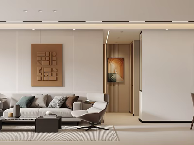 Modern Living Dining Room Interior With Sofa Coffee Table Decorative Artwork Neutral Tones And Rug 3d model