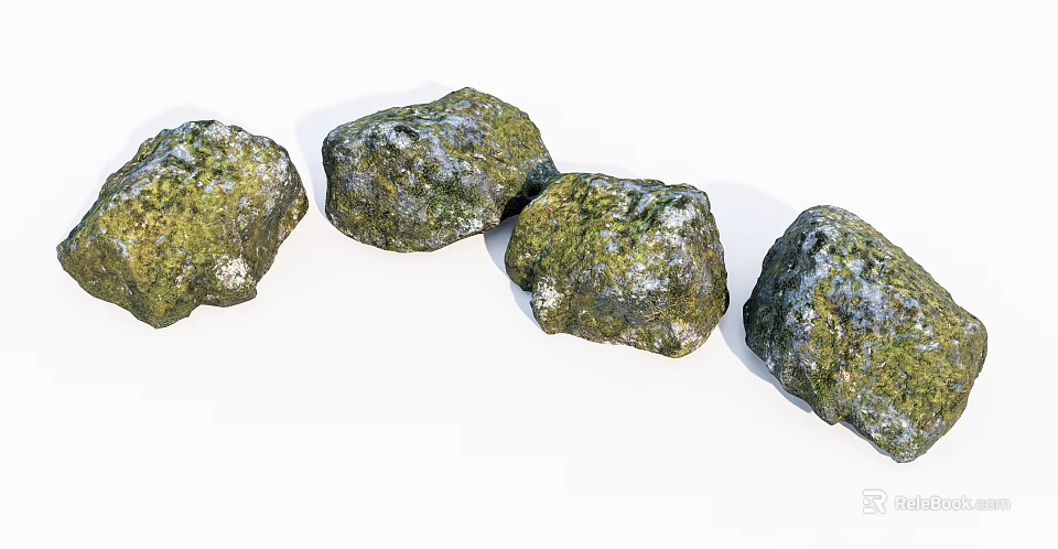 Natural Stones Covered With Green Moss Arranged In Curve On White Background 3d model 