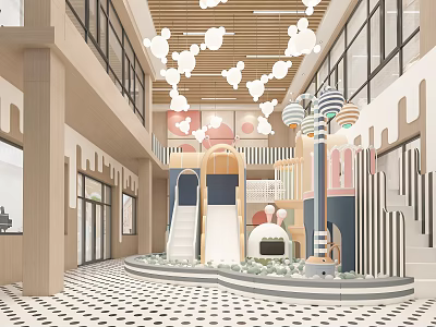 Cheerful Kindergarten Indoor Play Area With Slide Small House Ceiling Decor And Floor Design 3d model