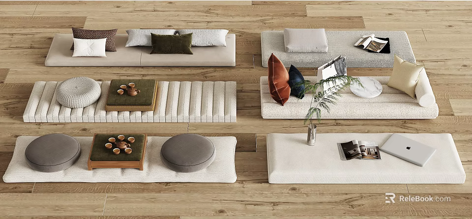 Modern Living Room with Sofas Colorful Pillows Rugs Small Tables Plant and Magazines 3d model 