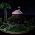 Cartoon Scene Featuring Thatched Hut with Pink Dome Baobab Tree Bushes and Stone Path