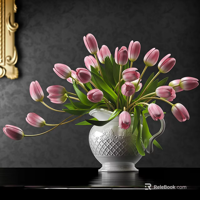 Pink Tulips In White Diamond Pattern Vase Against Dark Background With Golden Frame 3d model 