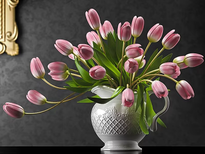 Pink Tulips In White Diamond Pattern Vase Against Dark Background With Golden Frame 3d model