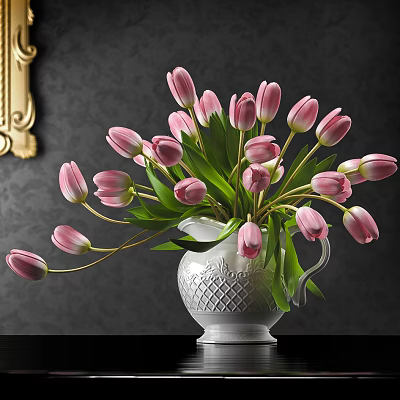 Pink Tulips In White Diamond Pattern Vase Against Dark Background With Golden Frame 3d model