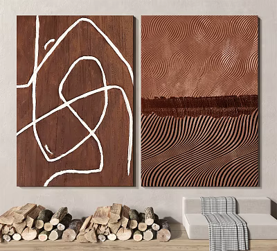 Abstract Paintings With Wooden Background White Curved Lines And Brown Wavy Stripes For Indoor Decor 3d model