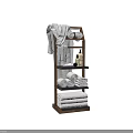 White Bathrobes On Wooden Bathroom Shelf With Folded Towels And Lotion Bottles