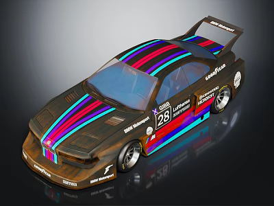 Modified Race Car With Colorful Stripes Number 28 Rear Spoiler And Sponsor Logos 3d model