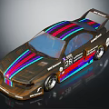 Modified Race Car With Colorful Stripes Number 28 Rear Spoiler And Sponsor Logos