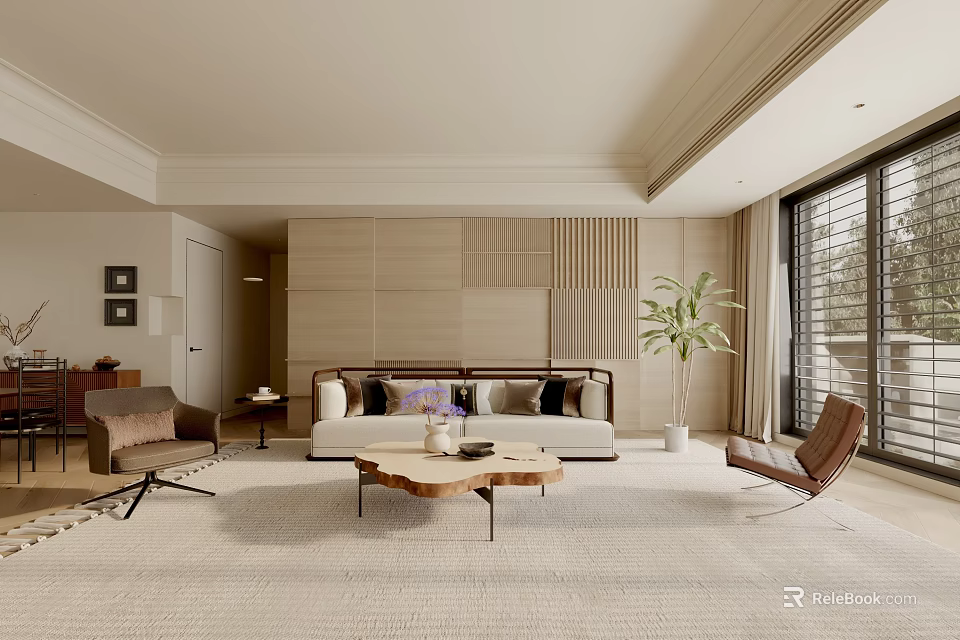 Modern Living Room Interior With Sofa Coffee Table Armchairs Potted Plant And Large Window 3d model 