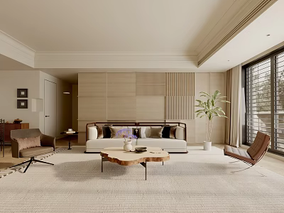 Modern Living Room Interior With Sofa Coffee Table Armchairs Potted Plant And Large Window 3d model
