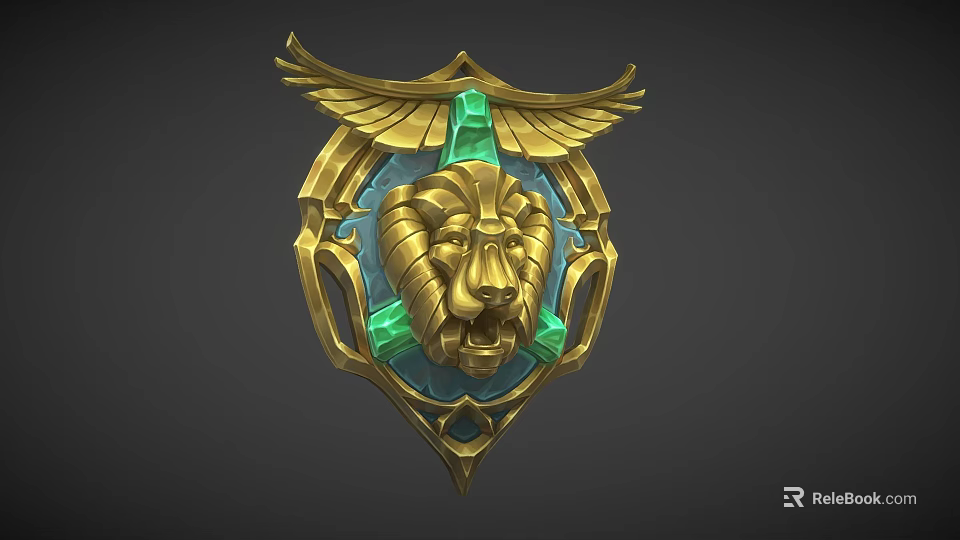 Ornate Weapon Badge With Golden Frame Detailed Lion Head Green Gemstones And Decorative Wings 3d model 