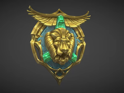 Ornate Weapon Badge With Golden Frame Detailed Lion Head Green Gemstones And Decorative Wings 3d model