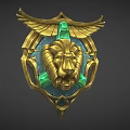 Ornate Weapon Badge With Golden Frame Detailed Lion Head Green Gemstones And Decorative Wings