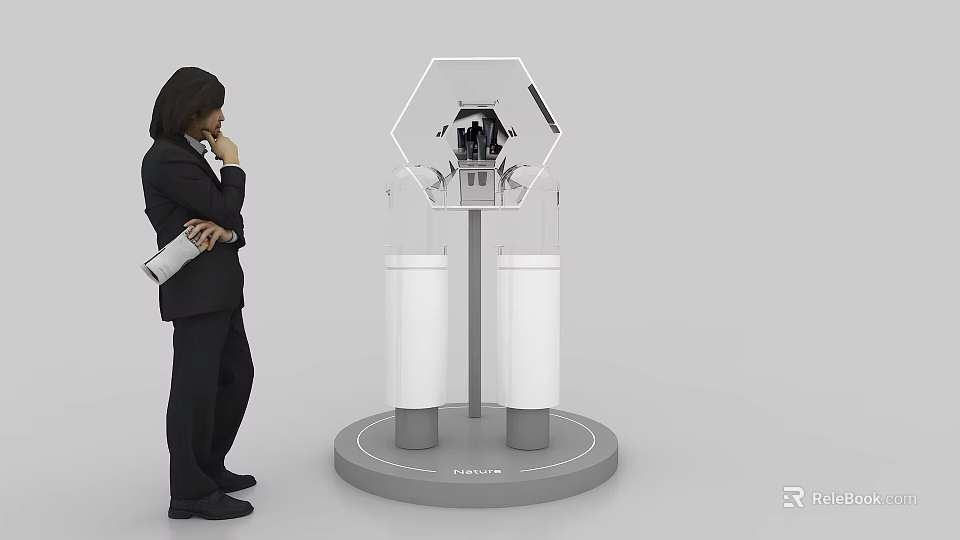 Transparent Hexagonal Event Display Wall With White Pillars Gray Base And Exhibits 3d model 