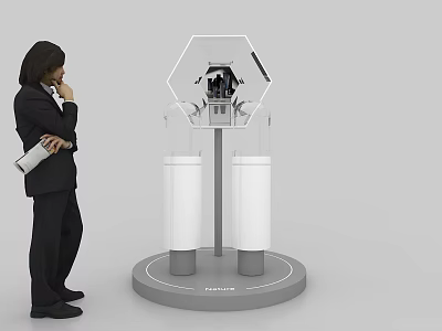 Transparent Hexagonal Event Display Wall With White Pillars Gray Base And Exhibits 3d model