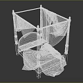 Four Poster Double Bed With Dark Wooden Posts Gray Bedspread And Light Drapes