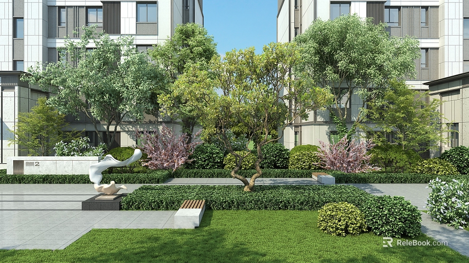 Lush Shrubs In Modern Residential Landscaping With Green Lawns Trees And Benches 3d model 