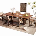 Wooden Dining Table Set With Six Chairs Vase Fruits Plant And Wall Art