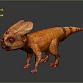 Orange Dinosaur Character With Red Stripes And Large Cranial Crest Standing On Black Background