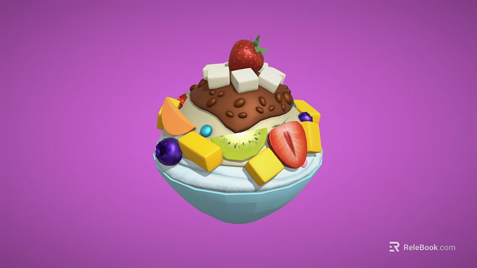 Fruit Ice Cream Bowl Topped With Fresh Strawberry Kiwi Mango And Chocolate Sauce 3d model 