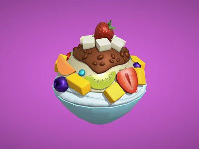 Fruit Ice Cream Bowl Topped With Fresh Strawberry Kiwi Mango And Chocolate Sauce 3d model