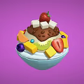 Fruit Ice Cream Bowl Topped With Fresh Strawberry Kiwi Mango And Chocolate Sauce