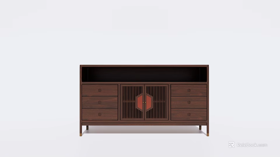 Minimalist Dark Wood Sideboard With Lattice Doors And Drawers For Dining Room 3d model 