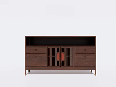 Minimalist Dark Wood Sideboard With Lattice Doors And Drawers For Dining Room 3d model