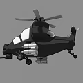3D rendered black military helicopter with cockpit windows missiles and main rotors
