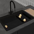 Stainless Steel Kitchen Sink With Faucet Water Flowing Lemons And Cutting Board On Marble Countertop
