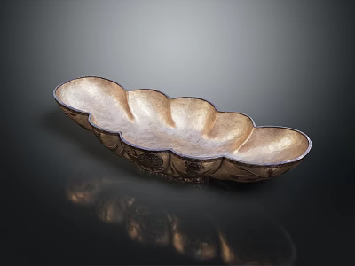 Golden Petal Shaped Decorative Metal Tray With Shiny Surface And Reflection On Black Background 3d model