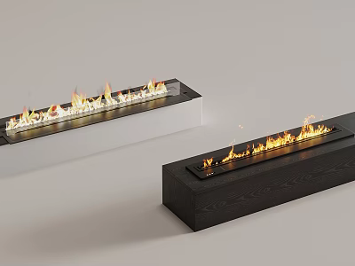 Two Modern Fireplaces With White And Black Base Featuring Burning Flames 3d model