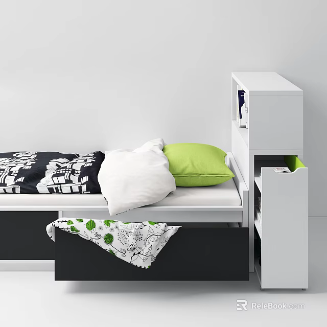 Functional Modern Single Bed With White Black Frame Green Pillow And Patterned Blanket 3d model