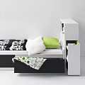 Functional Modern Single Bed With White Black Frame Green Pillow And Patterned Blanket 3d model