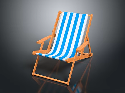 Foldable Lounge Chair With Wooden Frame And Blue White Striped Fabric 3d model
