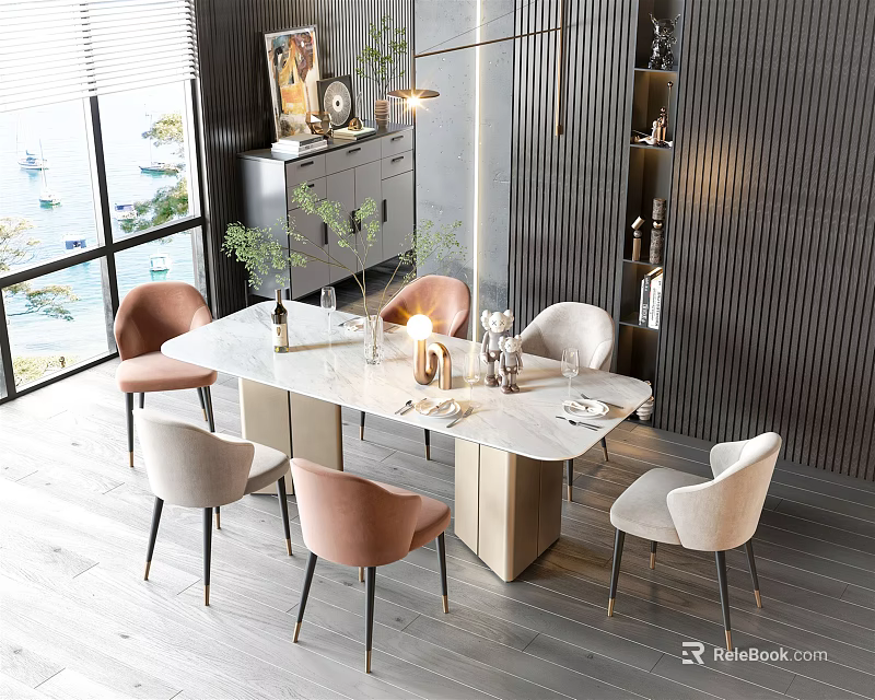Modern Dining Table Set with Upholstered Chairs Marble Top Pendant Lights Wall Art and Windows 3d model 