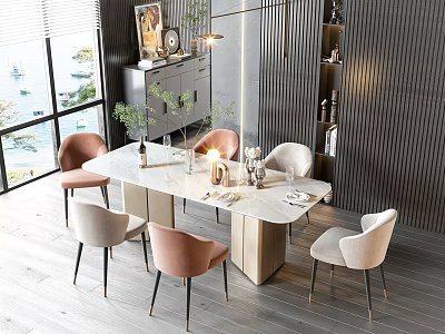 Modern Dining Table Set with Upholstered Chairs Marble Top Pendant Lights Wall Art and Windows 3d model