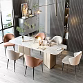 Modern Dining Table Set with Upholstered Chairs Marble Top Pendant Lights Wall Art and Windows