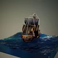 Wooden Ship with Striped Sails Hull Gold Accents and Anchor on Ocean Waves Under Sky