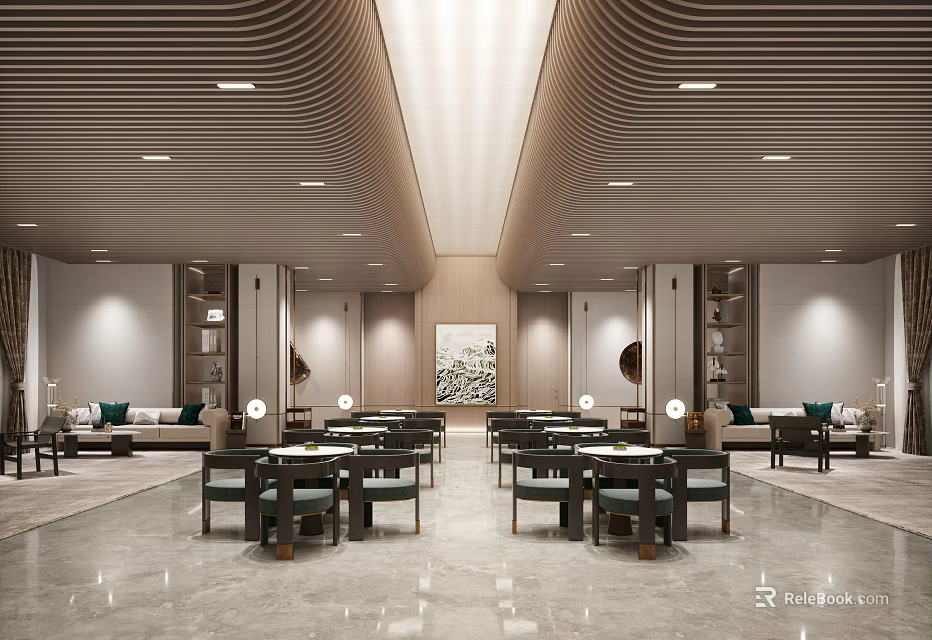 Modern Lobby Interior With Wooden Ceiling Marble Floor Tables Chairs And Artwork 3d model 