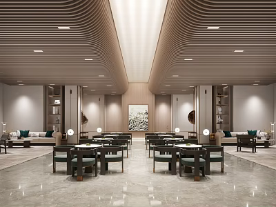 Modern Lobby Interior With Wooden Ceiling Marble Floor Tables Chairs And Artwork 3d model