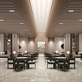 Modern Lobby Interior With Wooden Ceiling Marble Floor Tables Chairs And Artwork