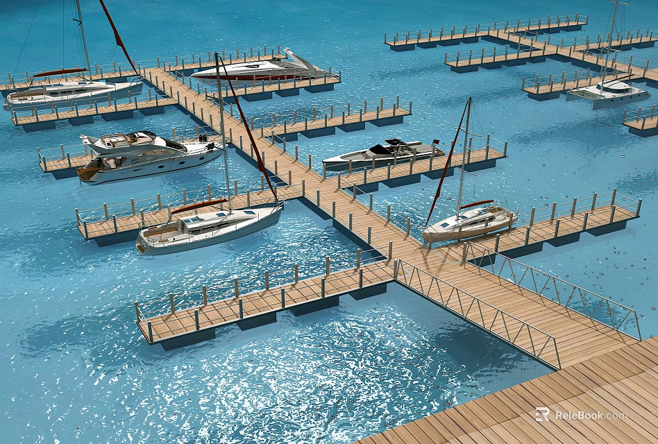 Scenic Marina Landscape with Moored Yachts Wooden Docks and Sparkling Blue Water 3d model 