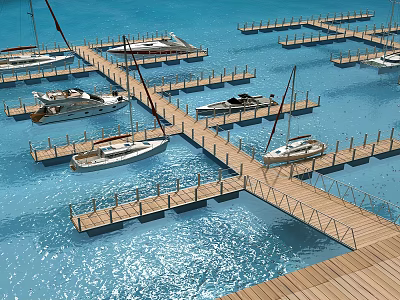 Scenic Marina Landscape with Moored Yachts Wooden Docks and Sparkling Blue Water 3d model