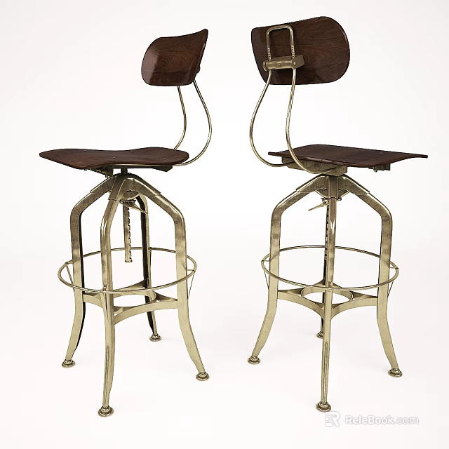 Sturdy Modern Bar Stools With Metal Frame And Brown Leather Seat Backrest 3d model 