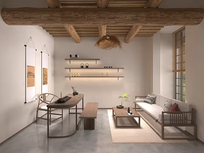 Traditional Hotel Guest Room With Wooden Beams Hanging Paintings Tea Table Sofa And Natural Light 3d model