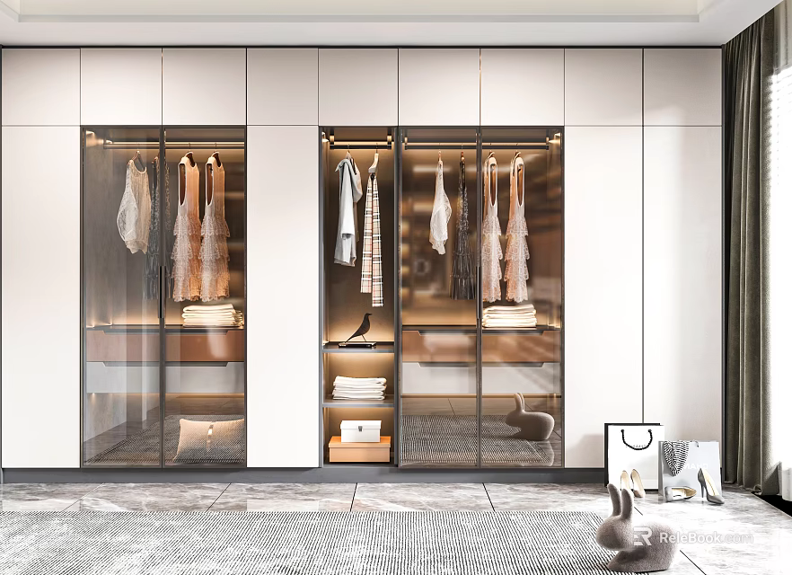 Modern Wardrobe Interior Design With Glass Doors Clothes And Storage Lighting 3d model 